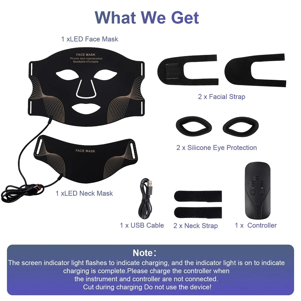 Face Neck Silicone, LED Mask, 7 Colors, Red Light Therapy, Skin Tighten Repair