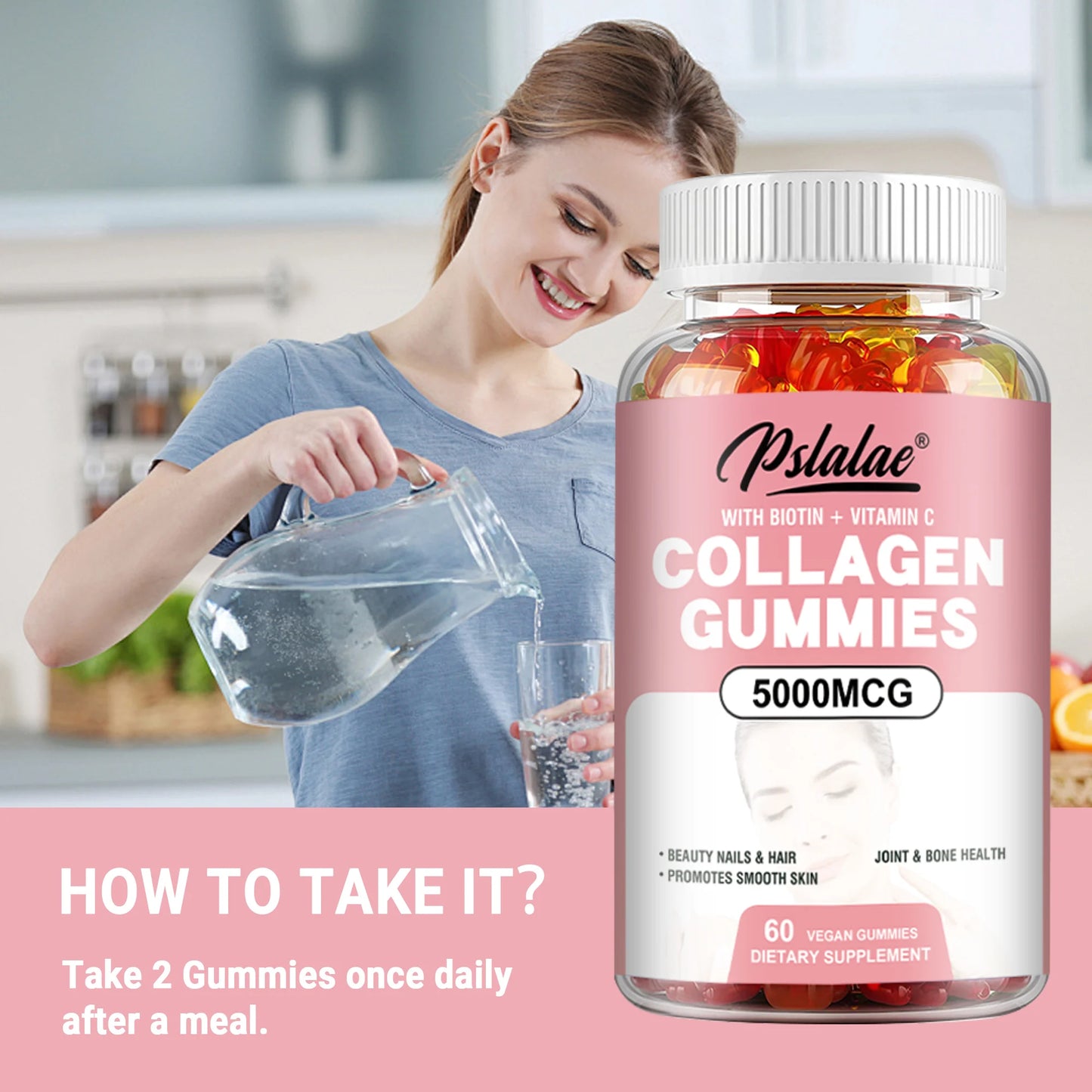 Collagen Gummies - Promote Hair Growth, Whiten Skin, Hydrolyze Skin, Help Nail Bone Joints - 60 Gummies