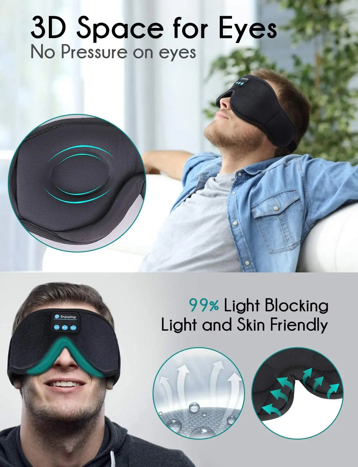3D wireless music headphone, breathable, smart eye mask, Bluetooth headset with mic for IOS/MAC