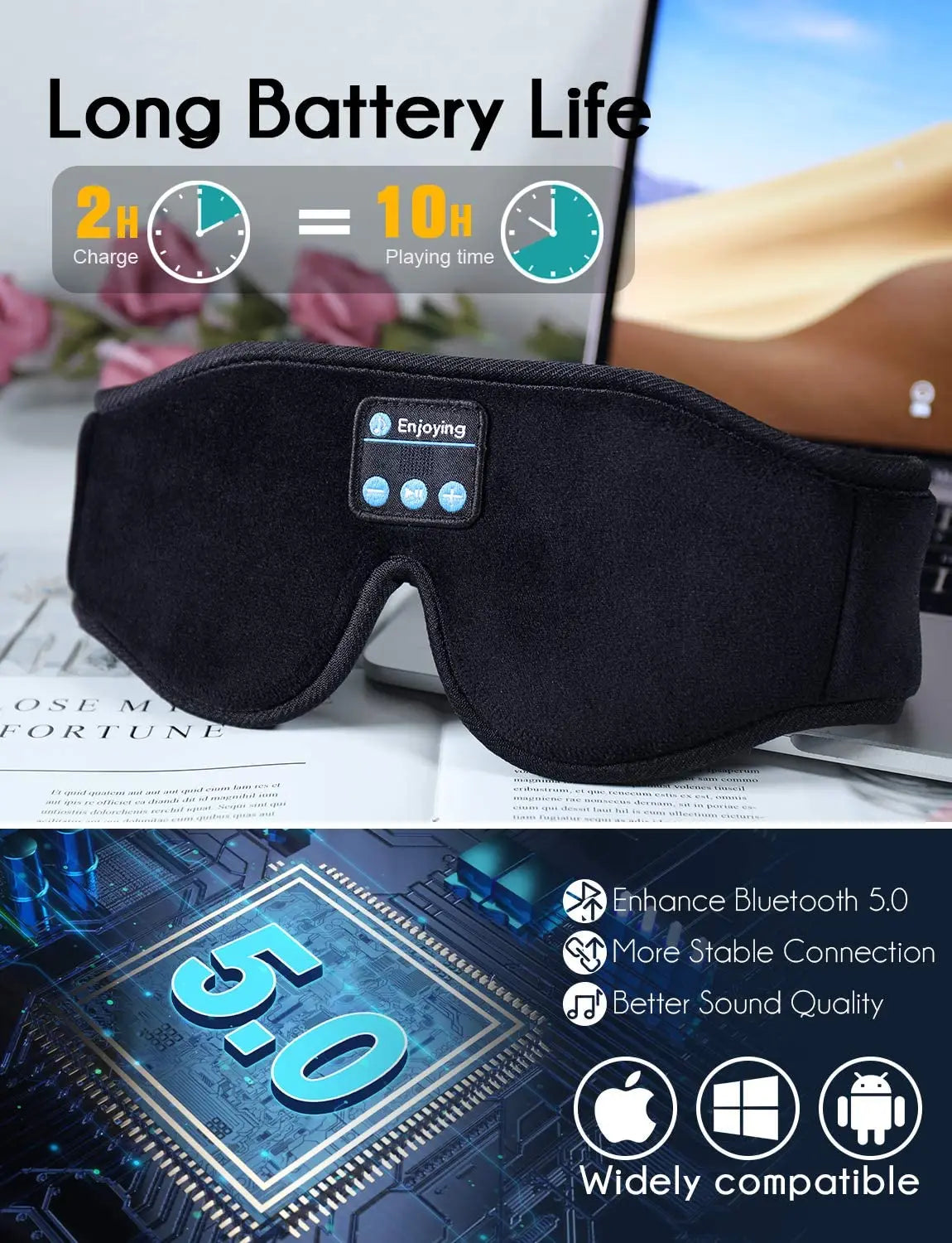 3D wireless music headphone, breathable, smart eye mask, Bluetooth headset with mic for IOS/MAC