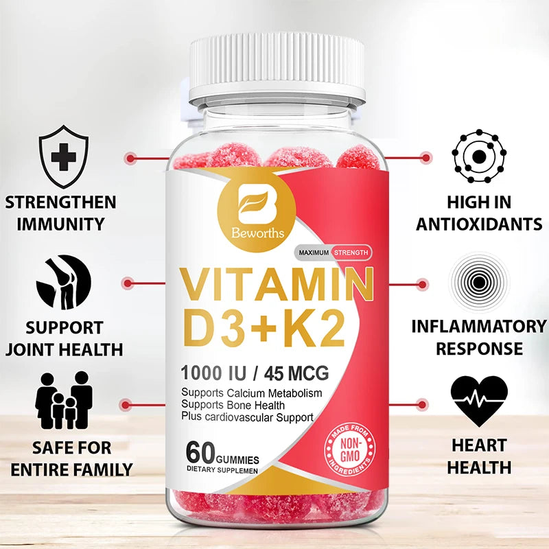 D3+K2 Gummies, 1000 IU Vitamin, for Bone Health Promotes Healthy Muscle Function