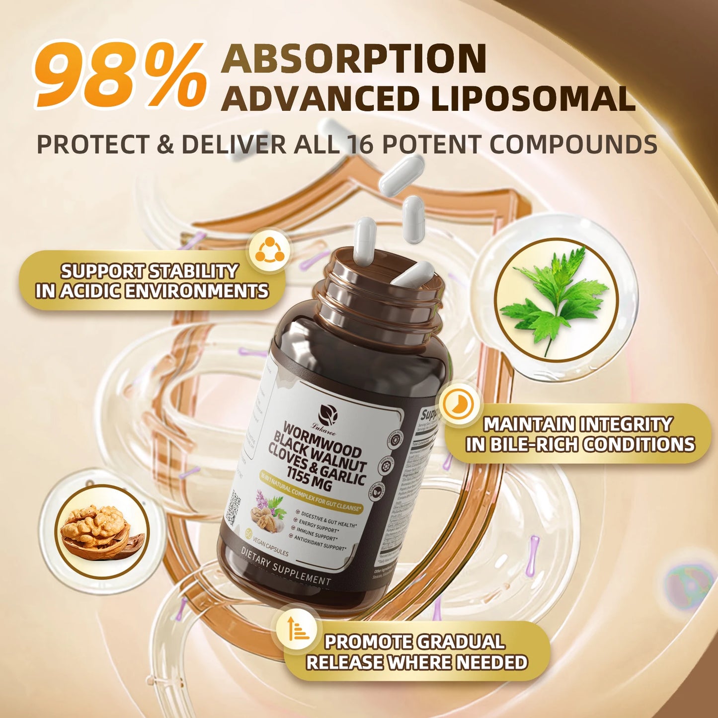 Black Walnut Wormwood Capsules, Rapid Gut Cleanse & Digestive, with Clove Garlic