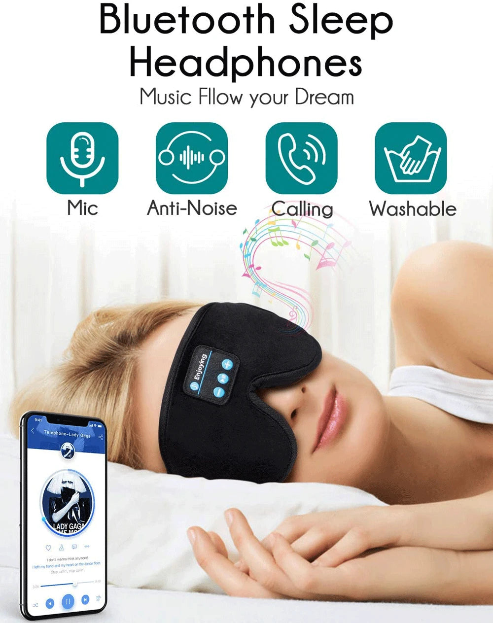 3D wireless music headphone, breathable, smart eye mask, Bluetooth headset with mic for IOS/MAC
