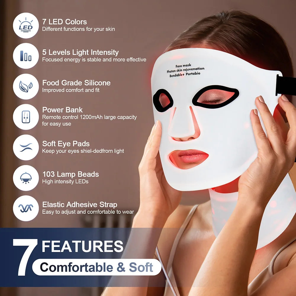 Mask Face With Neck, Red Light Infrared Therapy, Flexible Facial Mask Repair ,Skin Wireless Use