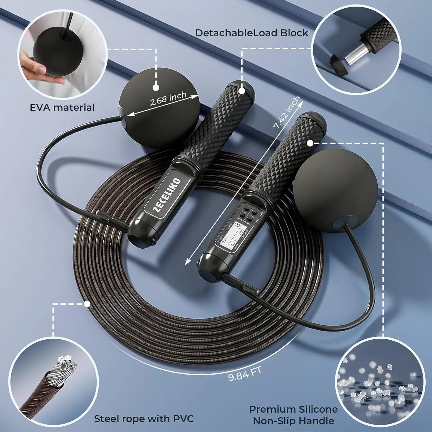 Smart Jump Rope with Counter, Adjustable Steel Wire for Home Gym & HIIT, Tracks Jumps, Calories & Time