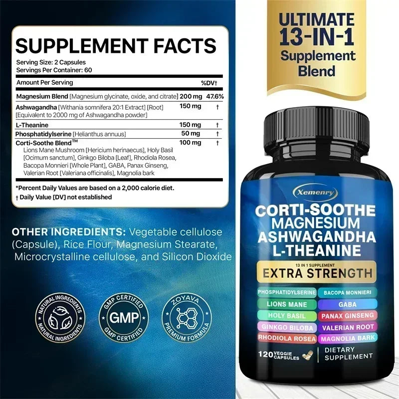 Corti-Soothe, Magnesium, Ashwagandha, and L-Theanine Supplement - Supports Adrenal Health, Regulates Cortisol, Promotes Relaxation, Increases Energy Levels