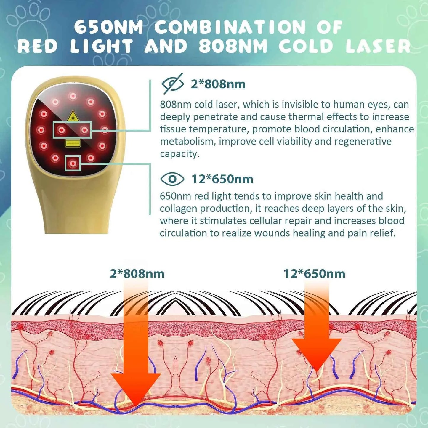 Pet Pain Relief  650nm 808nm, Cold Low Level Laser, Red Light Therapy Device, Dog, Cat  Physical Muscle Therapy Equipment