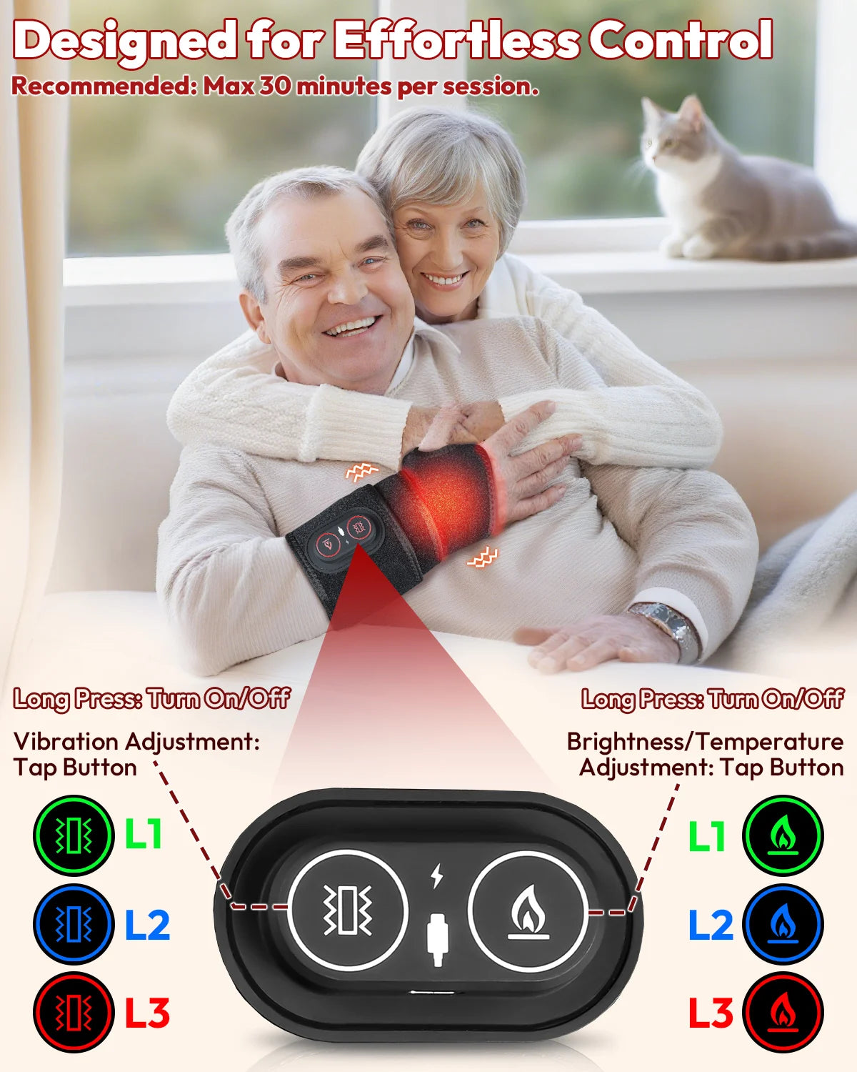 Wrist Red Light Therapy Wrap with Heat & Vibration, 660nm/850nm