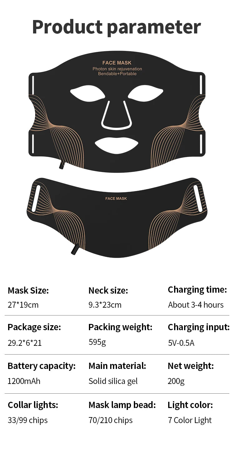 LED Face Mask/Neck Wireless, Portable Red Light Therapy for Anti-Aging, Wrinkles, Skin Rejuvenation,