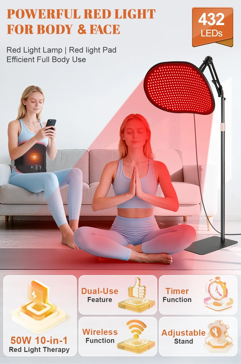 Red Light Therapy Bracket Light Mat 2-in-1 Relieve Muscle Pain For Full Body