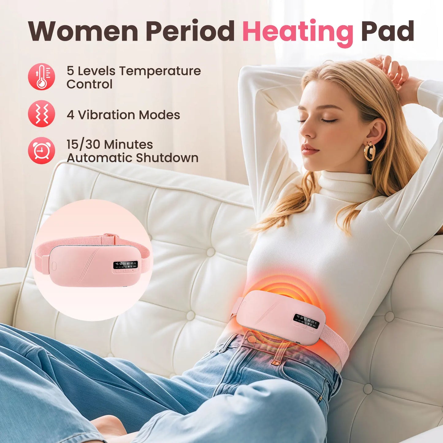 5 Modes, Electric Belt, Heating Vibration, Waist Massage, Balance Women Menstrual, Heating Pad for for Cramps Period Relief