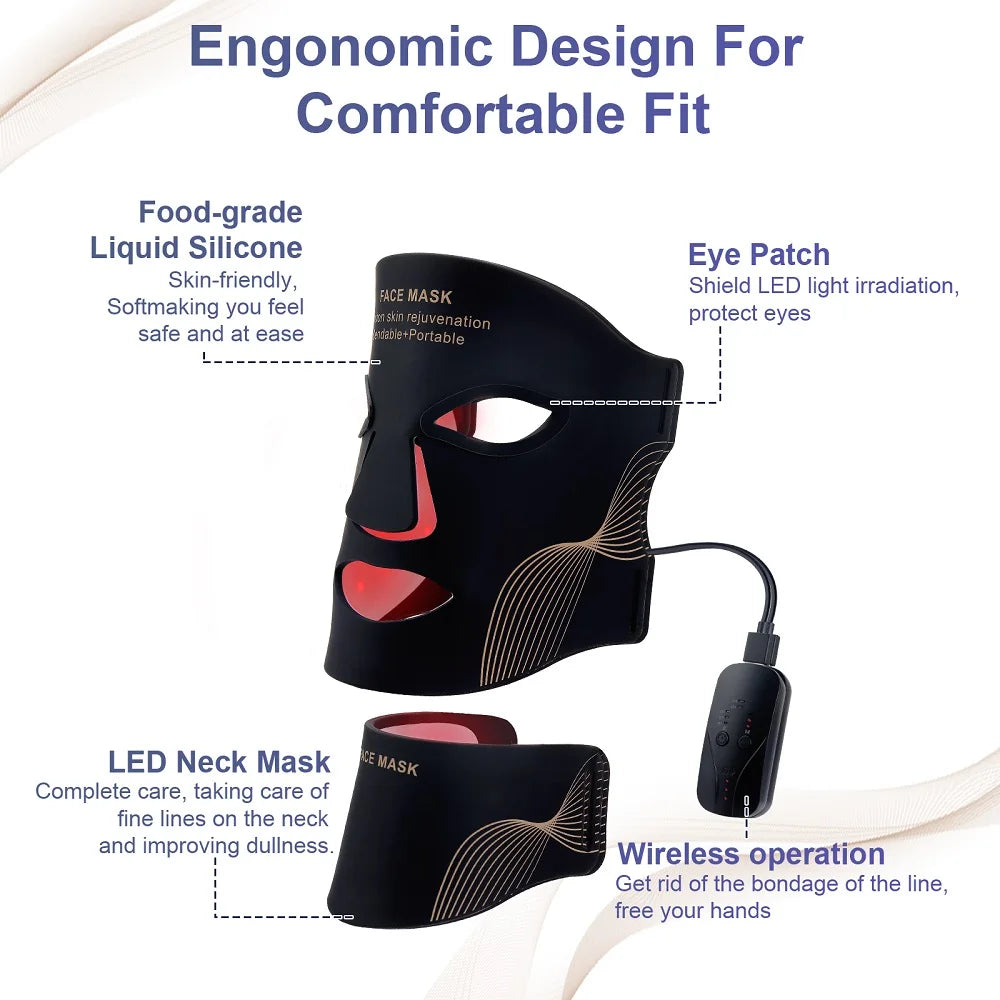 Face Neck Silicone, LED Mask, 7 Colors, Red Light Therapy, Skin Tighten Repair
