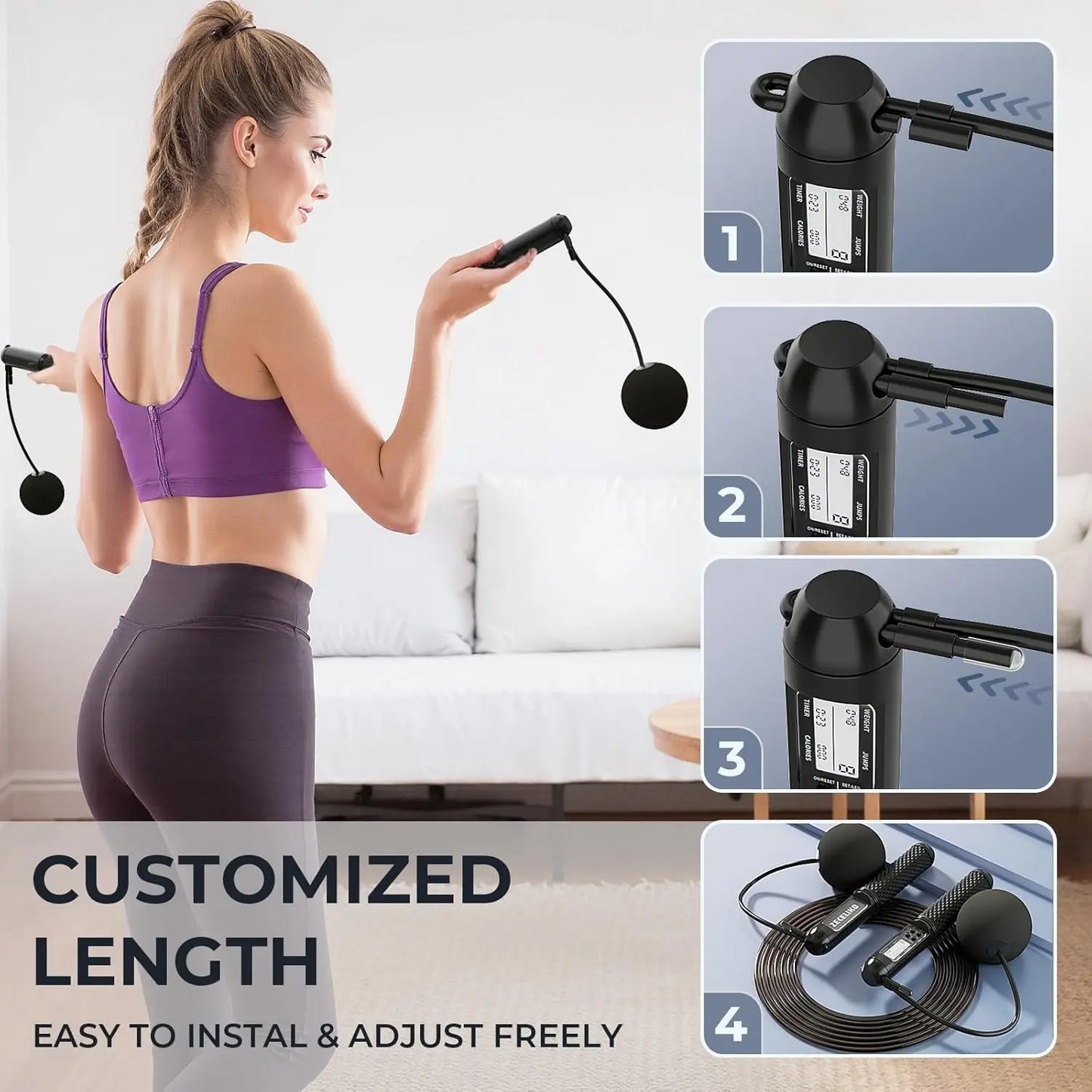 Smart Jump Rope with Counter, Adjustable Steel Wire for Home Gym & HIIT, Tracks Jumps, Calories & Time