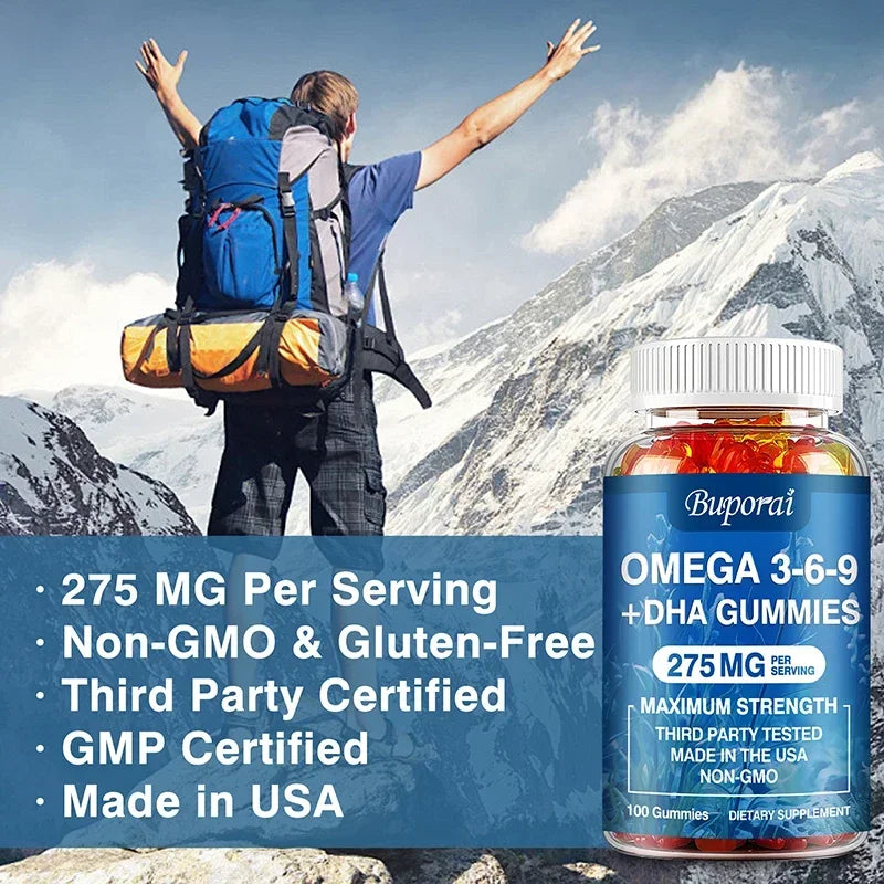 Omega 3 6 9 + DHA Gummies - Brain Health, Enhances Concentration, Memory, Improves Blood Circulation, Eye Support