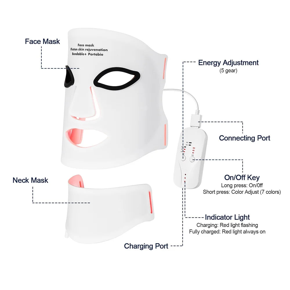 Mask Face With Neck, Red Light Infrared Therapy, Flexible Facial Mask Repair ,Skin Wireless Use