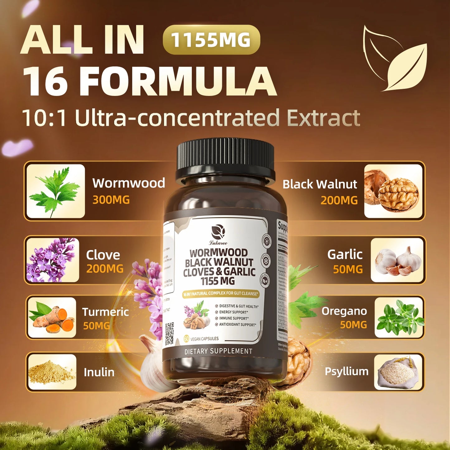 Black Walnut Wormwood Capsules, Rapid Gut Cleanse & Digestive, with Clove Garlic