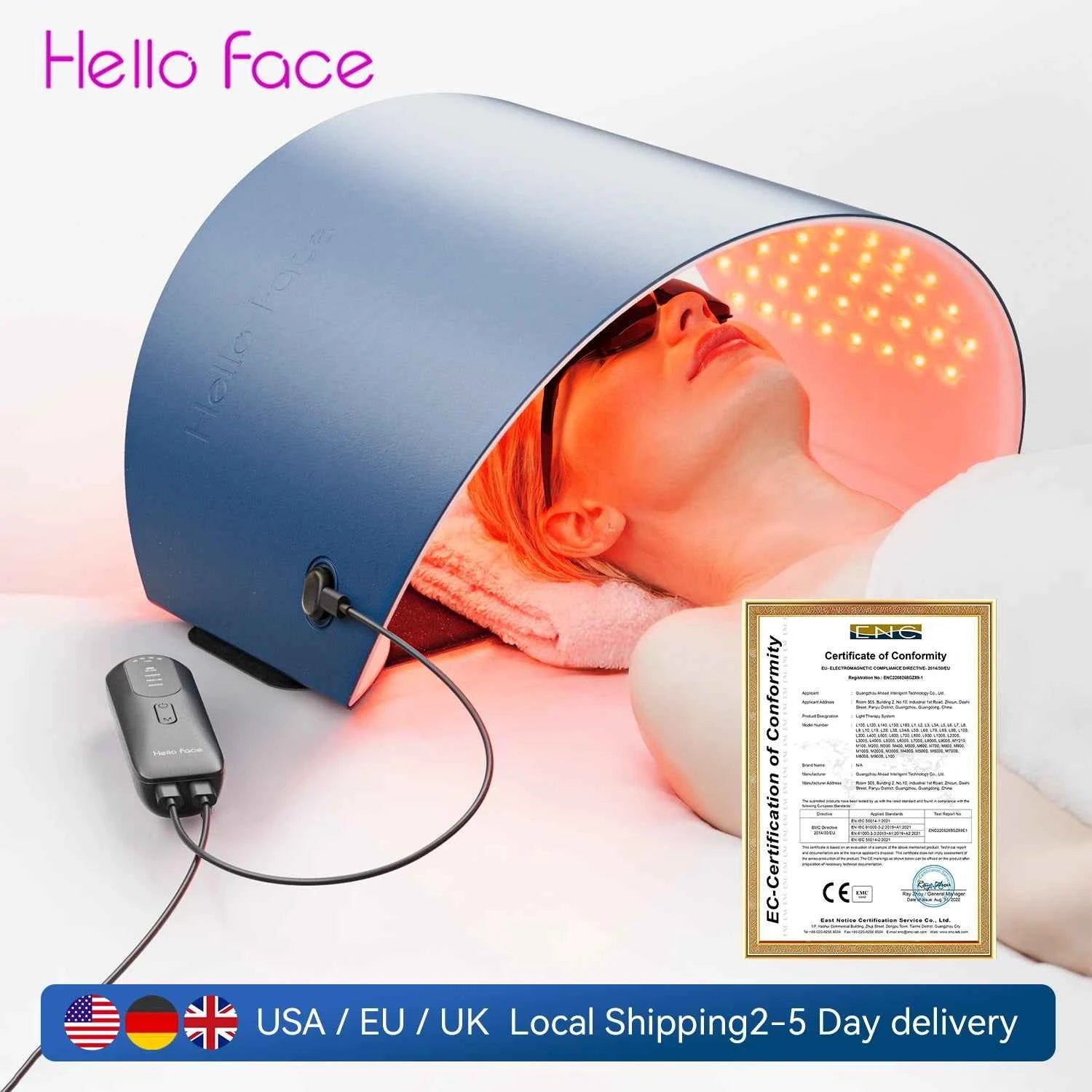 Hello Face, back, shoulders, L6 LED Light Mask,  630nm Red Light & 850nm