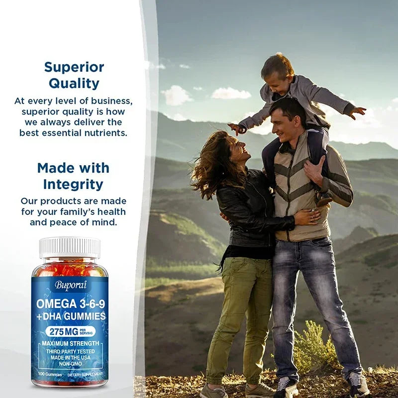 Omega 3 6 9 + DHA Gummies - Brain Health, Enhances Concentration, Memory, Improves Blood Circulation, Eye Support