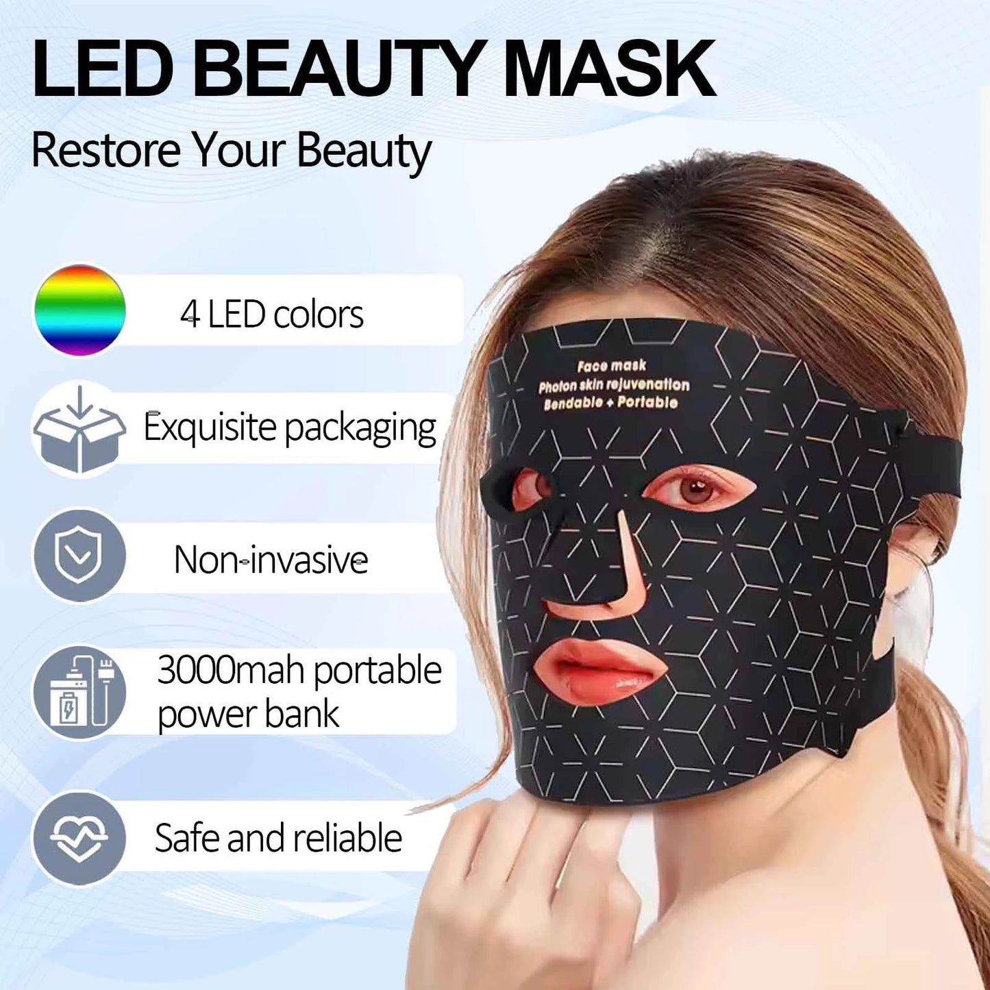 4 Modes Portable Led Face Mask, Light Therapy for Anti-Aging Wrinkles, Skin Rejuvenation,