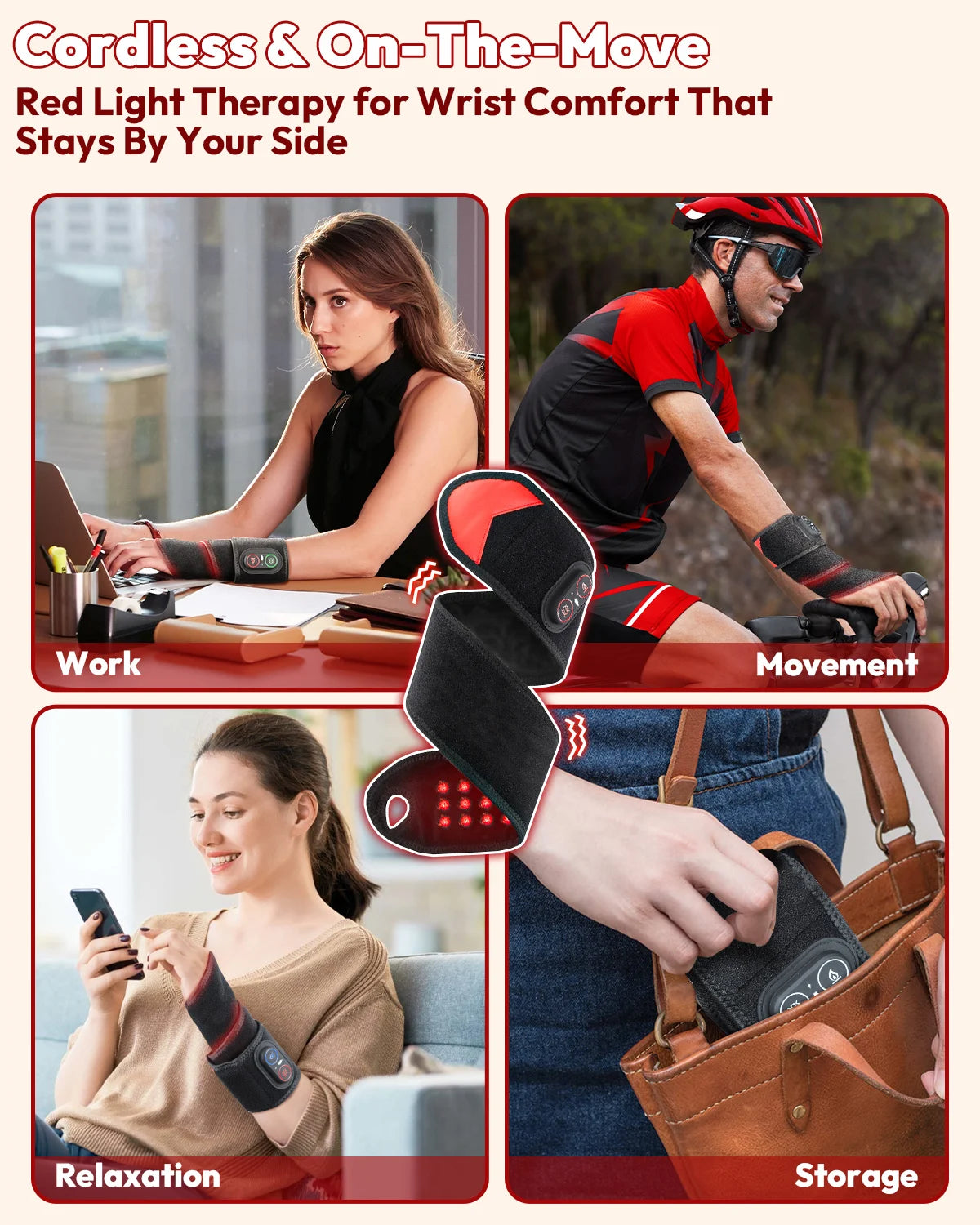 Wrist Red Light Therapy Wrap with Heat & Vibration, 660nm/850nm