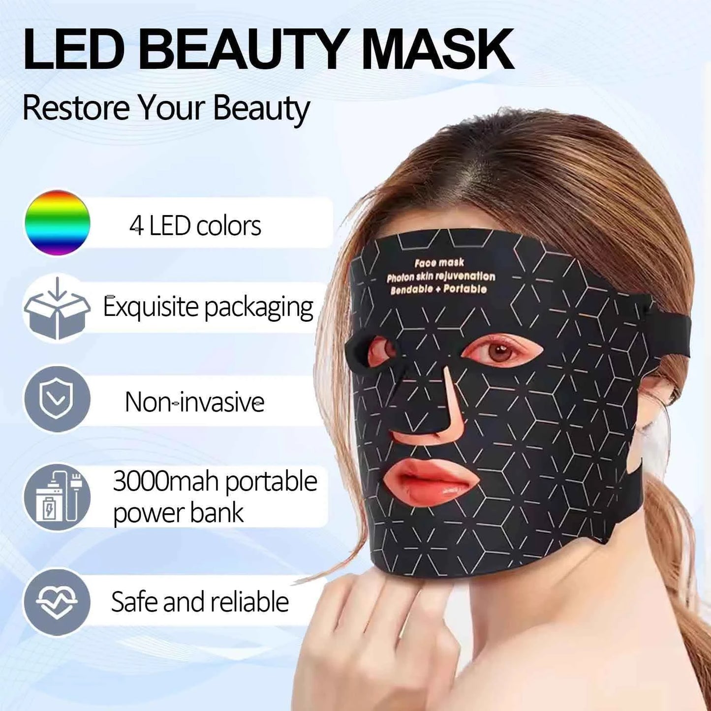 Red Light Face Mask, 460nm 630nm 590nm 850 nm Led Light Infrared Beauty Mask, at-Home use and Travel