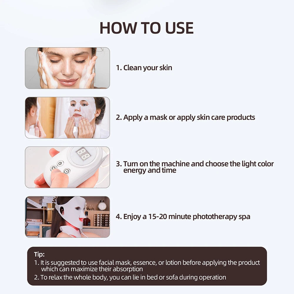 3D Flexible Silicone Facial Beauty Mask, Red Light Face & Neck, Wireless Use