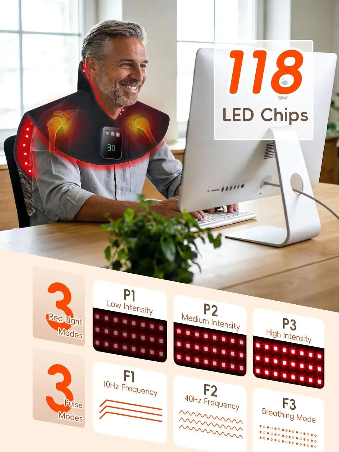 Cordless Red Light Therapy for Neck & Shoulder Pain Relief, 5000mAh Rechargeable Heating Pad with Timer