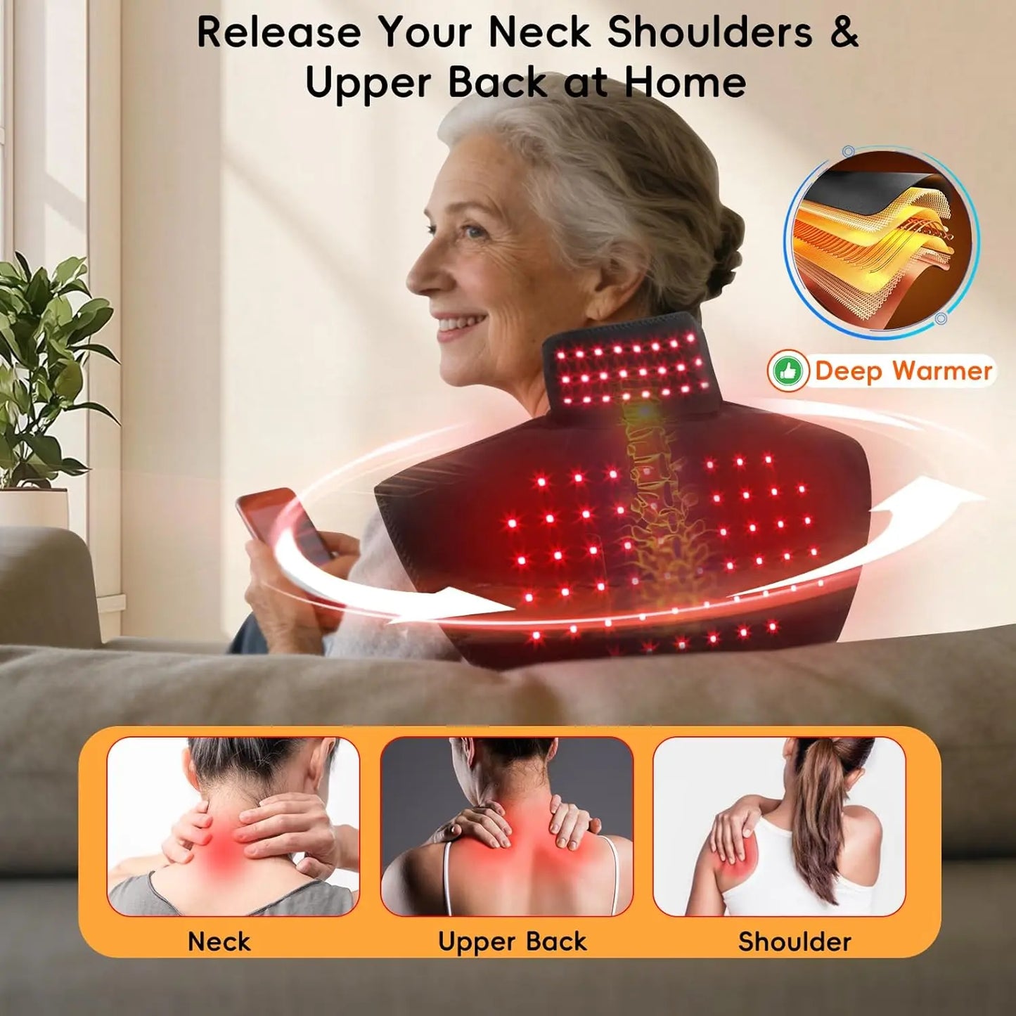 Cordless Red Light Therapy for Neck & Shoulder Pain Relief, 5000mAh Rechargeable Heating Pad with Timer