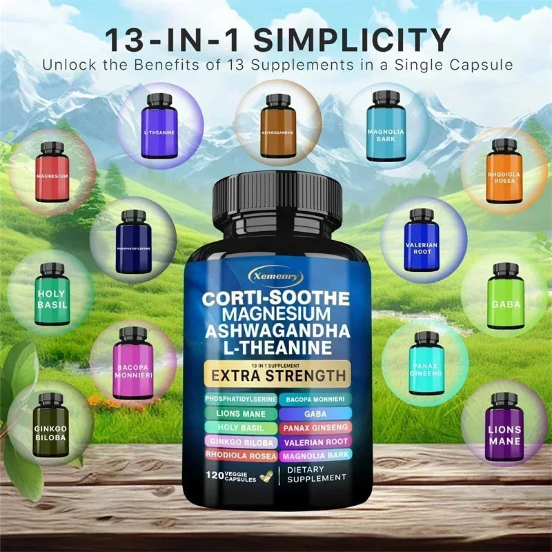 Corti-Soothe, Magnesium, Ashwagandha, and L-Theanine Supplement - Supports Adrenal Health, Regulates Cortisol, Promotes Relaxation, Increases Energy Levels