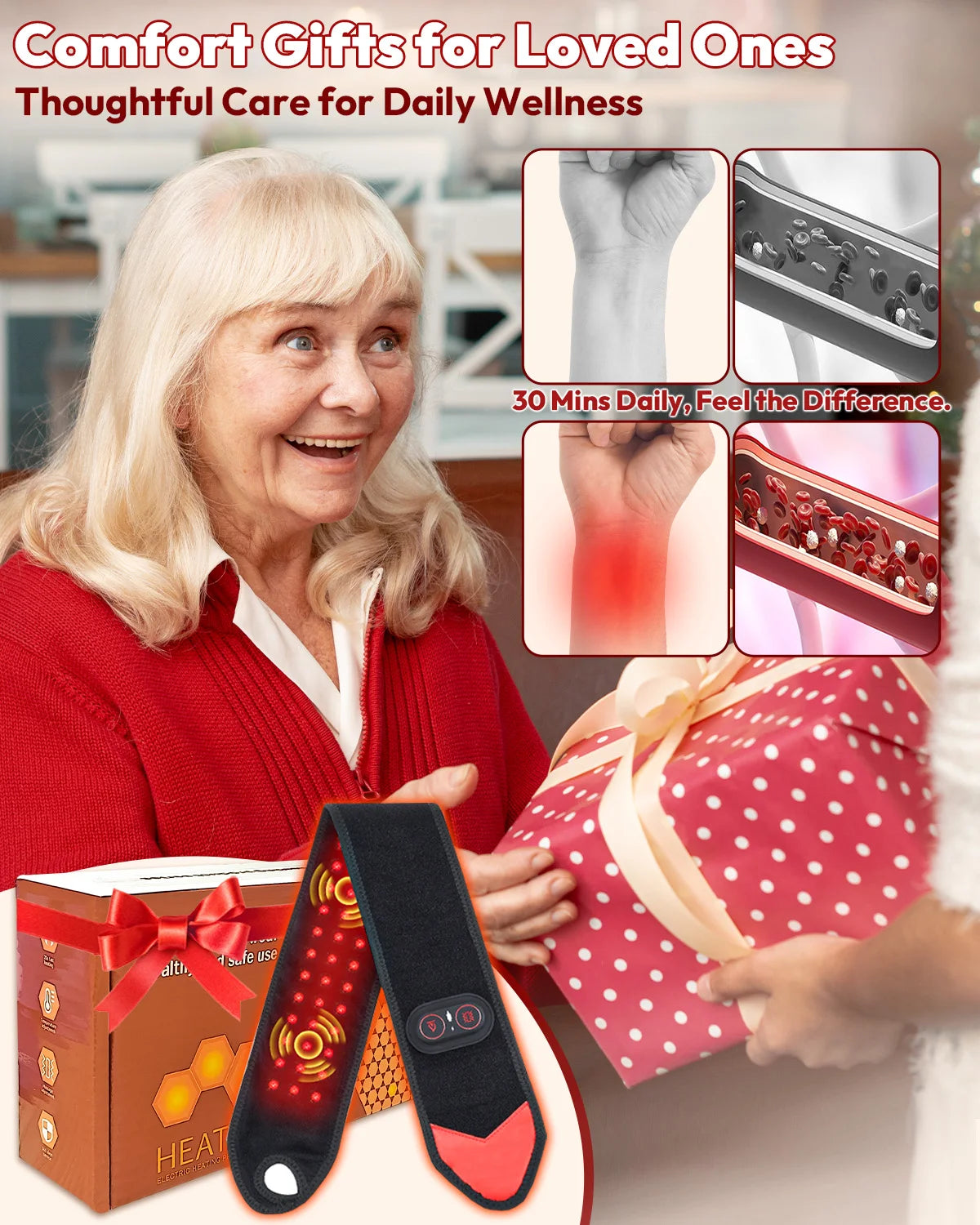 Wrist Red Light Therapy Wrap with Heat & Vibration, 660nm/850nm