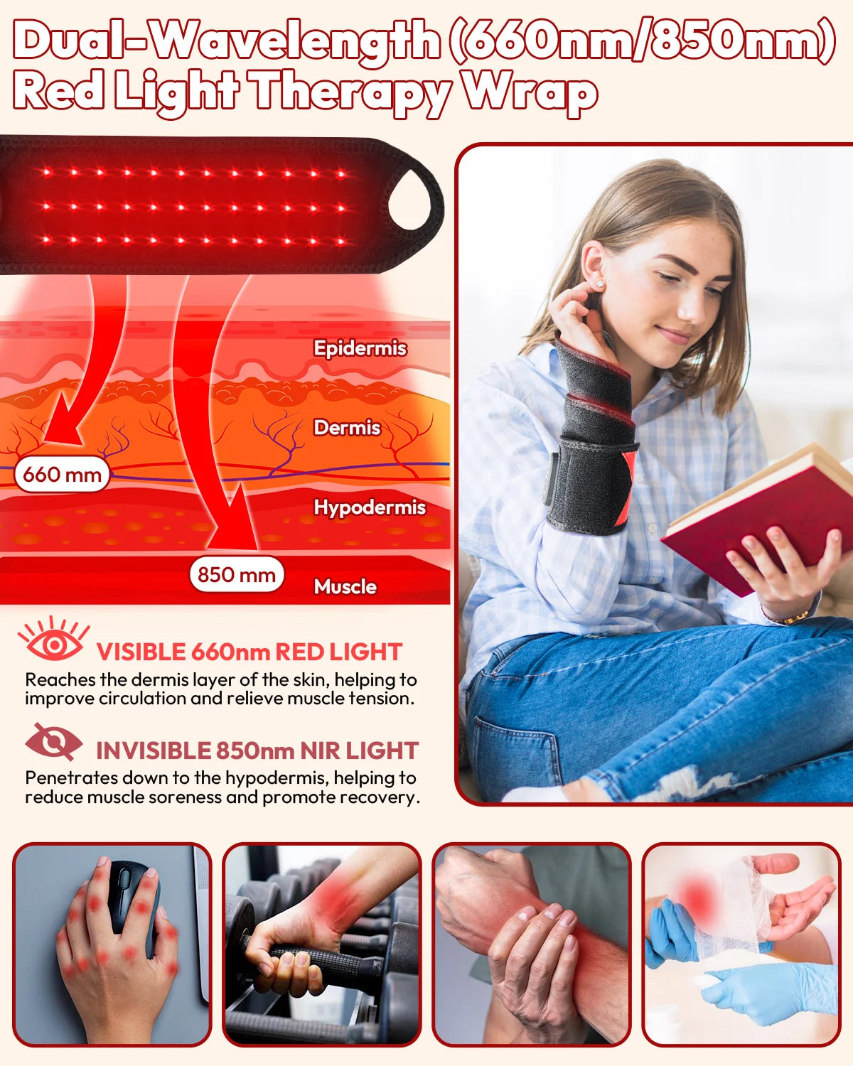 Wrist Red Light Therapy Wrap with Heat & Vibration, 660nm/850nm
