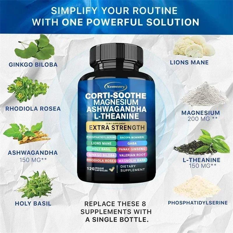 Corti-Soothe, Magnesium, Ashwagandha, and L-Theanine Supplement - Supports Adrenal Health, Regulates Cortisol, Promotes Relaxation, Increases Energy Levels