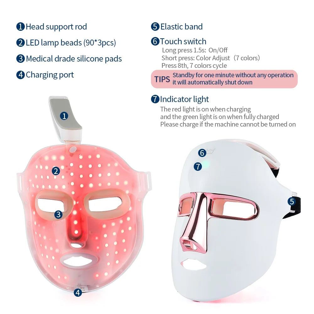 Face Beauty Mask 7 Colors , Light LED Mask , Photon Red Light, Facial Skin Care Repair, Skin Anti Aging, Wrinkle Skin Tightening